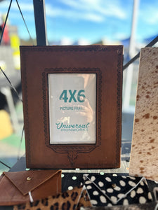 Custom Leather Hand Tooled Western Longhorn Picture Frame 4x6"