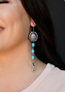 4.5" Turquoise Drop Earring With Silver Concho and Blossom on Fishhook